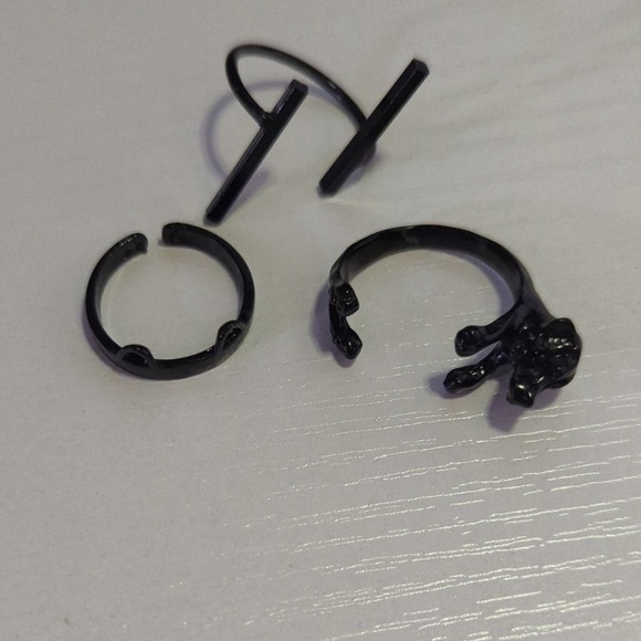 Dog And Cat 3 Piece Ring‎ Set Black Shiny Open Unisex Sizes 6 And 8 - Picture 1 of 6